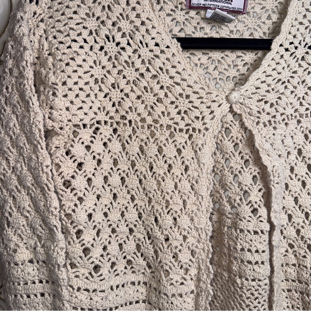 Tiara International Y2K Crochet Cardigan Size Large Cream Boho Open Knit Sweater - Picture 5 of 5